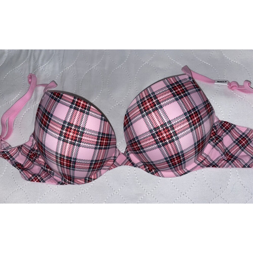 Victoria Secret PINK Bra Wear Everywhere SUPER PUSH Up bombshell 34C plaid